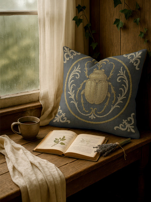 square woven tapestry pillow in charcoal grey and metallic gold thread, embodying a premium, artisan feel. The central design features a large, detailed scarab beetle, a key motif in entomology decor, encircled by ornate Victorian botanical flourishes. This combination of scholarly and mystical elements is ideal for Dark Academia, Gothic, and Whimsigoth aesthetics. The luxurious, double-sided piece of functional art is perfect as a statement pillow for a library or reading nook.